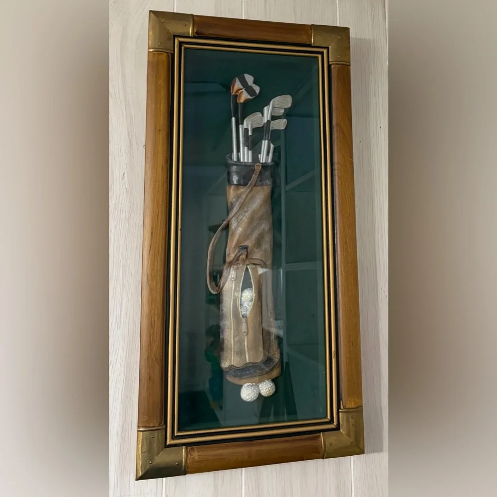 Vintage 1950s 3D Golf Shadow Box Wall Display in Wood & Brass Frame